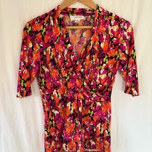 Josephine Studio Pink Orange Floral Faux Wrap V-Neck Blouse Top | Size S |